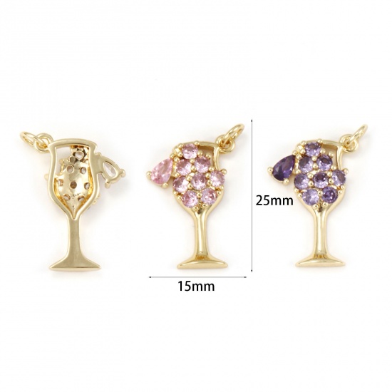 Immagine di 1 Pz Ecologico Ottone Ciondoli 18K Vero Oro Placcato Bicchiere da vino Filigrana Multicolore Cubic Zirconiae