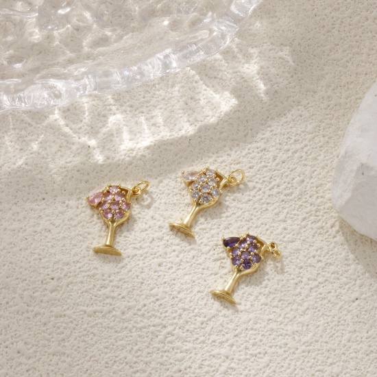Immagine di 1 Pz Ecologico Ottone Ciondoli 18K Vero Oro Placcato Bicchiere da vino Filigrana Multicolore Cubic Zirconiae