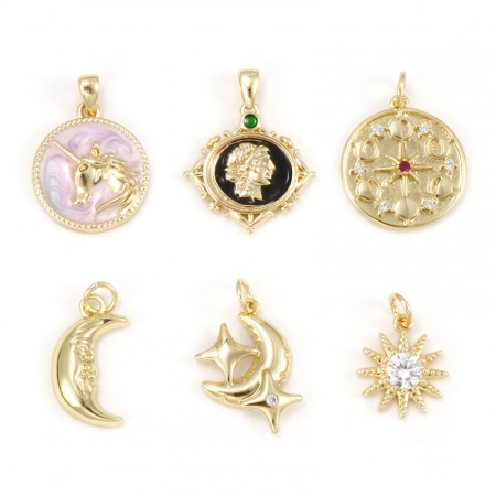 Eco-friendly Brass Charms 18K Real Gold Plated Round Disc Moon