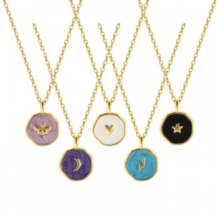 Eco-friendly Stylish Ins Style 18K Real Gold Plated Brass Link Cable Chain Round Disc Enamel Pendant Charm Necklace For Women Gift 46cm(18.1") + 6cm(2.4") long