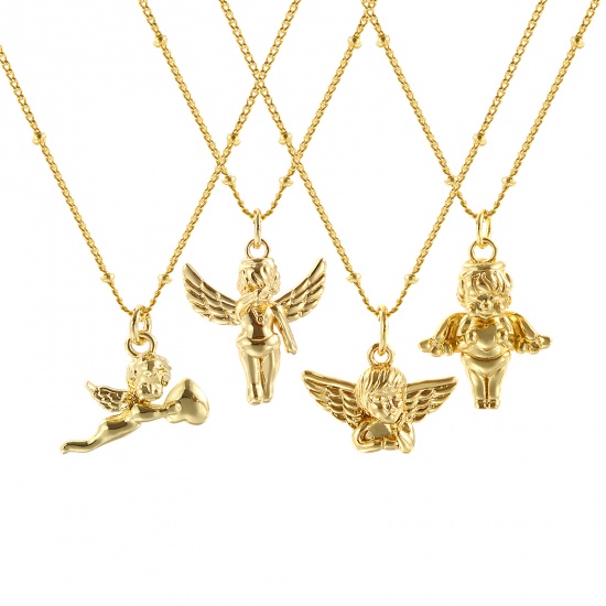 Picture of 1 Piece Stylish 18K Real Gold Plated Brass Curb Link Chain Retro Angel 3D Pendant Charm Necklace For Women 45cm(17.7") + 5cm(2") long