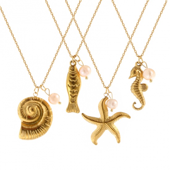 Picture of Eco-friendly PVD Vacuum Plating Baroque Ocean Jewelry 18K Real Gold Plated Peachy Beige 304 Stainless Steel & Natural Pearl Link Cable Chain Pendant Charm Necklace For Women Gift 45cm(17.7") + 5cm(2") long