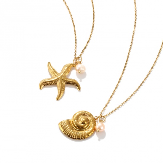 Picture of Eco-friendly PVD Vacuum Plating Baroque Ocean Jewelry 18K Real Gold Plated Peachy Beige 304 Stainless Steel & Natural Pearl Link Cable Chain Pendant Charm Necklace For Women Gift 45cm(17.7") + 5cm(2") long