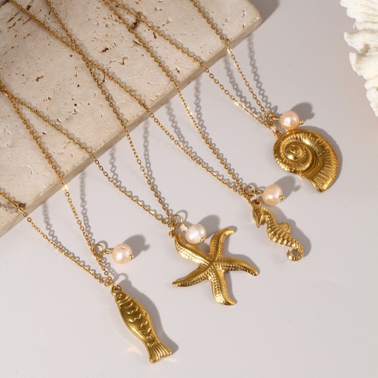 Picture of Eco-friendly PVD Vacuum Plating Baroque Ocean Jewelry 18K Real Gold Plated Peachy Beige 304 Stainless Steel & Natural Pearl Link Cable Chain Pendant Charm Necklace For Women Gift 45cm(17.7") + 5cm(2") long