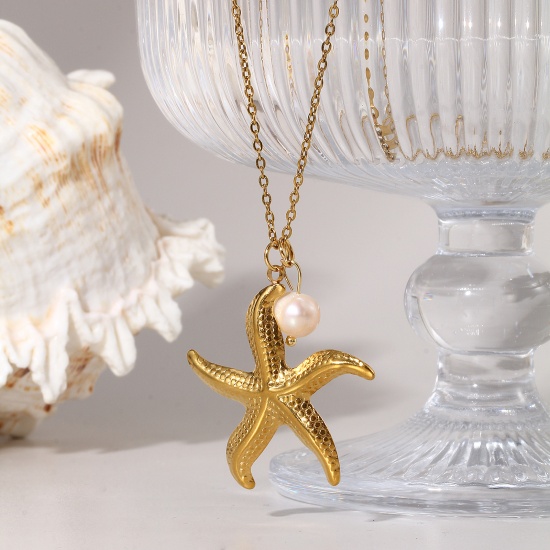 Picture of Eco-friendly PVD Vacuum Plating Baroque Ocean Jewelry 18K Real Gold Plated Peachy Beige 304 Stainless Steel & Natural Pearl Link Cable Chain Pendant Charm Necklace For Women Gift 45cm(17.7") + 5cm(2") long