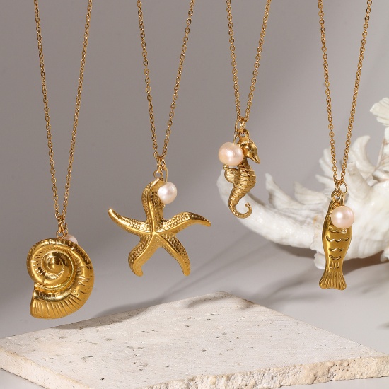 Picture of Eco-friendly PVD Vacuum Plating Baroque Ocean Jewelry 18K Real Gold Plated Peachy Beige 304 Stainless Steel & Natural Pearl Link Cable Chain Pendant Charm Necklace For Women Gift 45cm(17.7") + 5cm(2") long