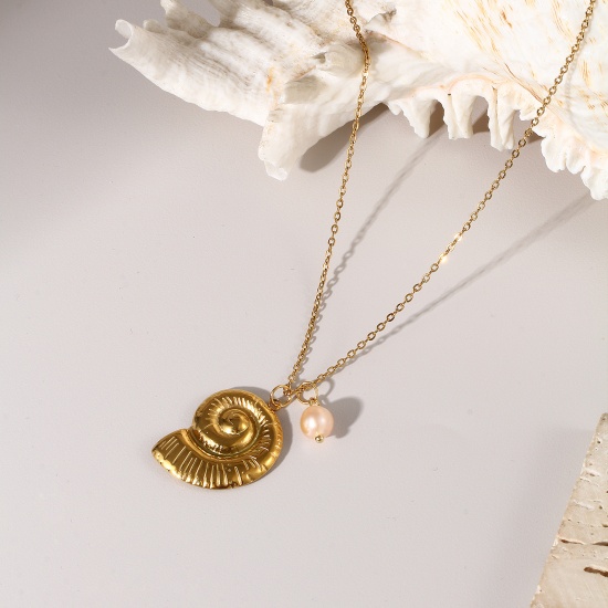 Picture of Eco-friendly PVD Vacuum Plating Baroque Ocean Jewelry 18K Real Gold Plated Peachy Beige 304 Stainless Steel & Natural Pearl Link Cable Chain Pendant Charm Necklace For Women Gift 45cm(17.7") + 5cm(2") long