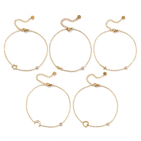 Picture of Eco-friendly Vacuum Plating Exquisite Stylish 18K Gold Plated Transparent Clear 304 Stainless Steel & Cubic Zirconia Link Cable Chain Anklet For Women Gift 22cm(8.7") long