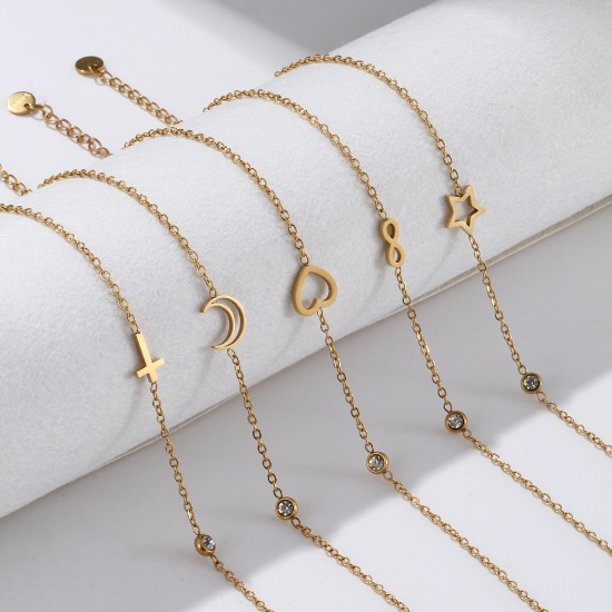 Picture of Eco-friendly Vacuum Plating Exquisite Stylish 18K Gold Plated Transparent Clear 304 Stainless Steel & Cubic Zirconia Link Cable Chain Anklet For Women Gift 22cm(8.7") long