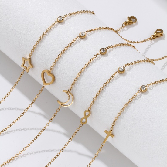 Picture of Eco-friendly Vacuum Plating Exquisite Stylish 18K Gold Plated Transparent Clear 304 Stainless Steel & Cubic Zirconia Link Cable Chain Anklet For Women Gift 22cm(8.7") long