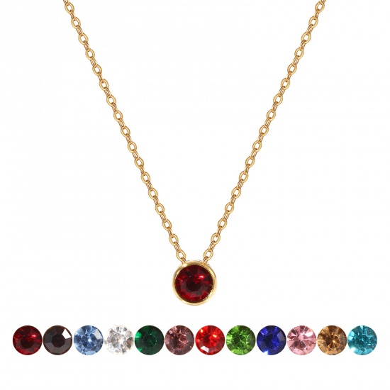 1 Piece Eco-friendly PVD Vacuum Plating Exquisite Birthstone 18K Real Gold Plated 304 Stainless Steel & Rhinestone Link Cable Chain Round Pendant Charm Necklace For Women Gift 45cm(17.7") + 5cm(2") long の画像