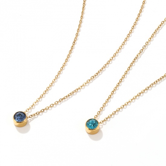 1 Piece Eco-friendly PVD Vacuum Plating Exquisite Birthstone 18K Real Gold Plated 304 Stainless Steel & Rhinestone Link Cable Chain Round Pendant Charm Necklace For Women Gift 45cm(17.7") + 5cm(2") long の画像
