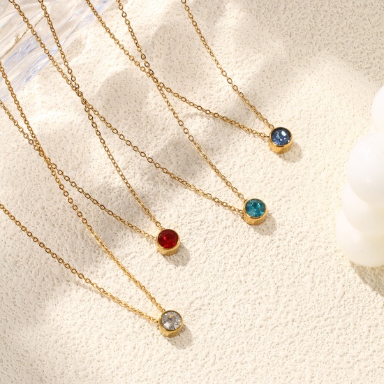 1 Piece Eco-friendly PVD Vacuum Plating Exquisite Birthstone 18K Real Gold Plated 304 Stainless Steel & Rhinestone Link Cable Chain Round Pendant Charm Necklace For Women Gift 45cm(17.7") + 5cm(2") long の画像