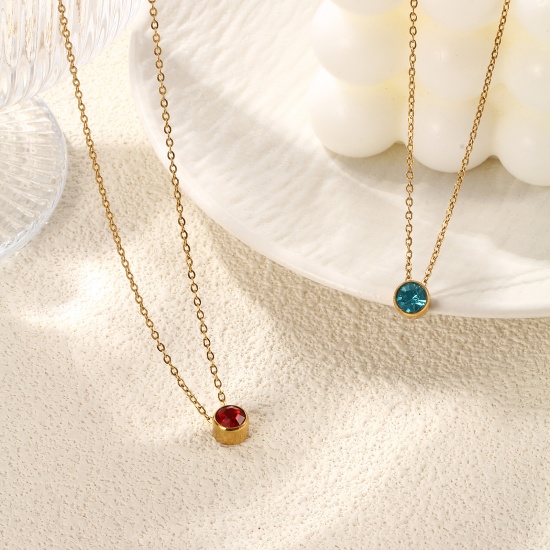 1 Piece Eco-friendly PVD Vacuum Plating Exquisite Birthstone 18K Real Gold Plated 304 Stainless Steel & Rhinestone Link Cable Chain Round Pendant Charm Necklace For Women Gift 45cm(17.7") + 5cm(2") long の画像
