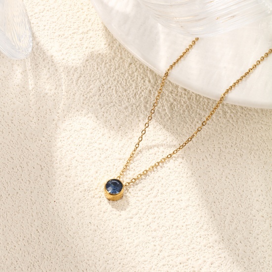 1 Piece Eco-friendly PVD Vacuum Plating Exquisite Birthstone 18K Real Gold Plated 304 Stainless Steel & Rhinestone Link Cable Chain Round Pendant Charm Necklace For Women Gift 45cm(17.7") + 5cm(2") long の画像