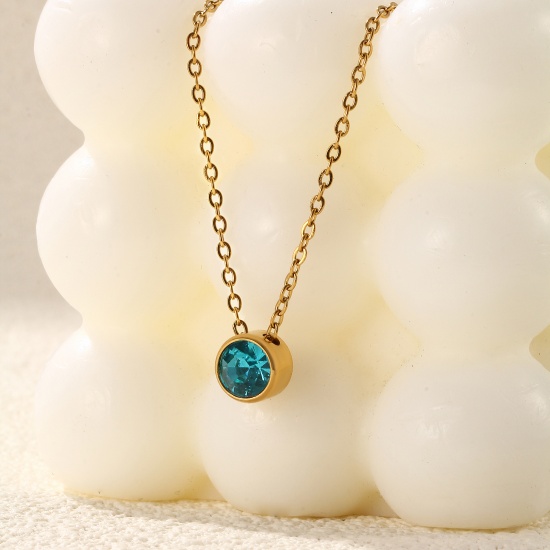 1 Piece Eco-friendly PVD Vacuum Plating Exquisite Birthstone 18K Real Gold Plated 304 Stainless Steel & Rhinestone Link Cable Chain Round Pendant Charm Necklace For Women Gift 45cm(17.7") + 5cm(2") long の画像