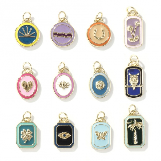 Picture of 1 Piece Eco-friendly Brass Charms 18K Real Gold Plated Multicolor Enamel Geometric