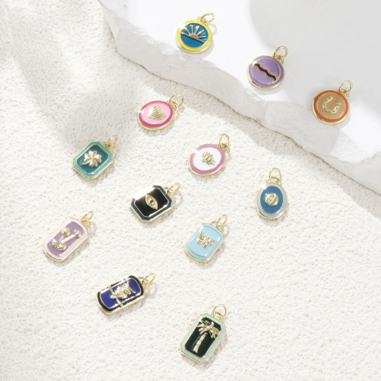 Picture of 1 Piece Eco-friendly Brass Charms 18K Real Gold Plated Multicolor Enamel Geometric