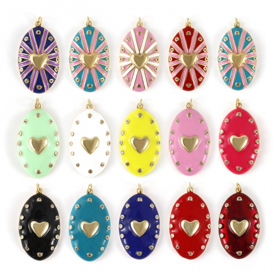 Изображение 1 Piece Eco-friendly Brass Valentine's Day Pendants 18K Real Gold Plated Enamel Oval Heart Clear Cubic Zirconia 4.1cm x 2.1cm