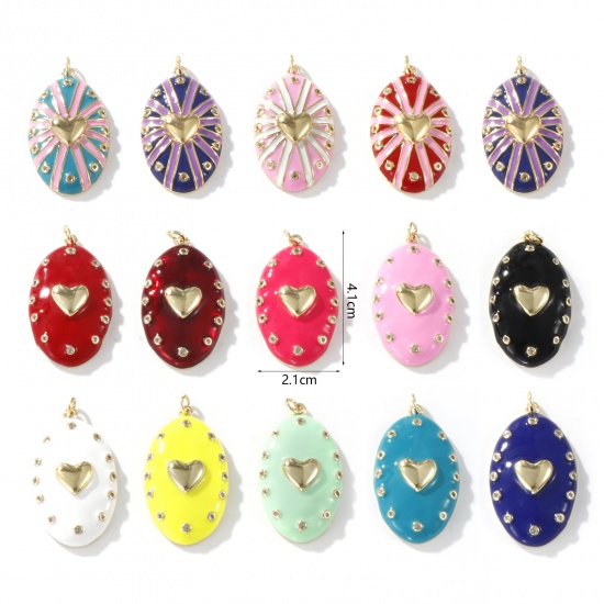 Изображение 1 Piece Eco-friendly Brass Valentine's Day Pendants 18K Real Gold Plated Enamel Oval Heart Clear Cubic Zirconia 4.1cm x 2.1cm