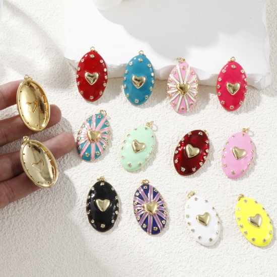 Изображение 1 Piece Eco-friendly Brass Valentine's Day Pendants 18K Real Gold Plated Enamel Oval Heart Clear Cubic Zirconia 4.1cm x 2.1cm