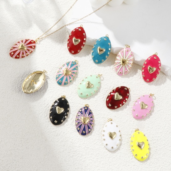 Изображение 1 Piece Eco-friendly Brass Valentine's Day Pendants 18K Real Gold Plated Enamel Oval Heart Clear Cubic Zirconia 4.1cm x 2.1cm