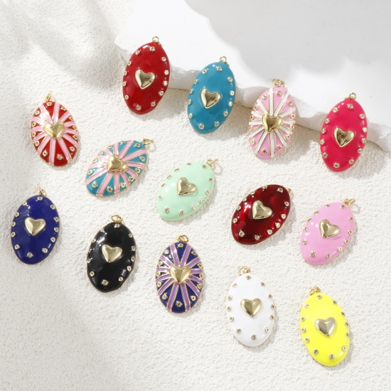 Изображение 1 Piece Eco-friendly Brass Valentine's Day Pendants 18K Real Gold Plated Enamel Oval Heart Clear Cubic Zirconia 4.1cm x 2.1cm