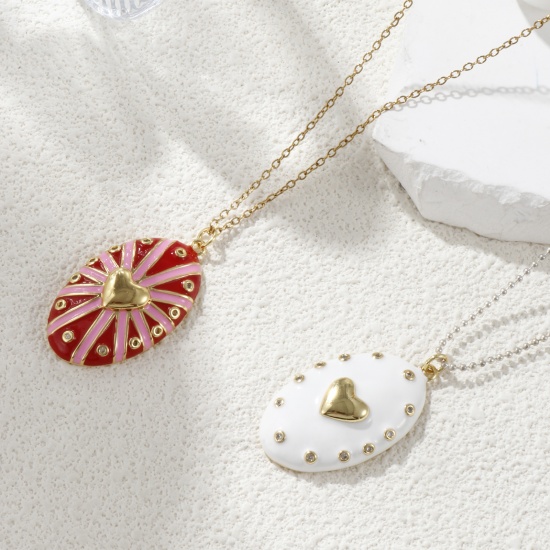 Изображение 1 Piece Eco-friendly Brass Valentine's Day Pendants 18K Real Gold Plated Enamel Oval Heart Clear Cubic Zirconia 4.1cm x 2.1cm