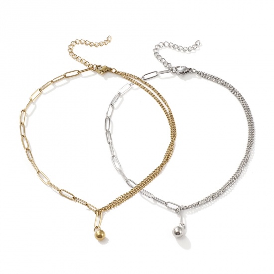 Picture of Eco-friendly Stylish Double Layer 304 Stainless Steel Paperclip Link Chain Ball Charm Anklet For Women Gift 26cm(10.2") long