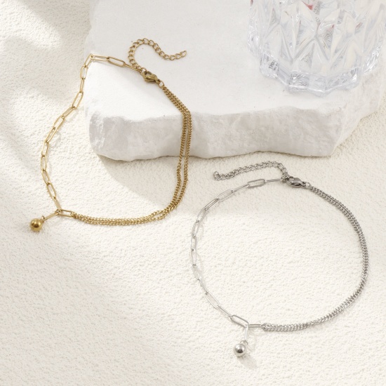 Picture of Eco-friendly Stylish Double Layer 304 Stainless Steel Paperclip Link Chain Ball Charm Anklet For Women Gift 26cm(10.2") long