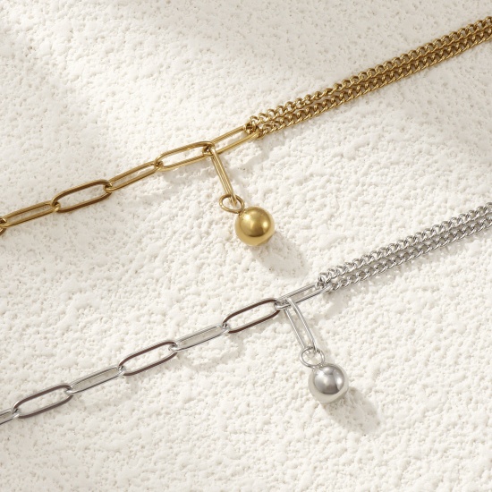 Picture of Eco-friendly Stylish Double Layer 304 Stainless Steel Paperclip Link Chain Ball Charm Anklet For Women Gift 26cm(10.2") long