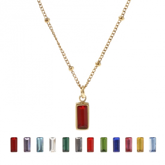 Picture of Eco-friendly PVD Vacuum Plating Exquisite Birthstone 18K Real Gold Plated 304 Stainless Steel & Cubic Zirconia Curb Link Chain Rectangle Pendant Charm Necklace For Women Gift 45cm(17.7") + 5cm(2") long