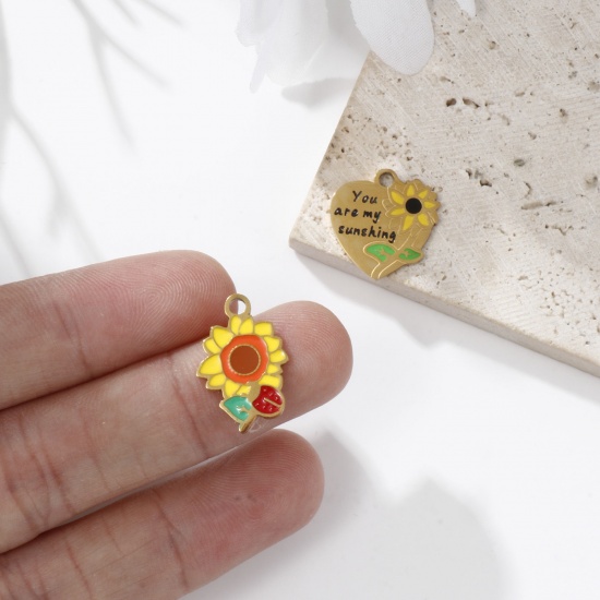 Imagen de 2 Unidades Recubrimiento al Vacío PVD Ecológico 304 Acero Inoxidable Colgantes Chapado en Oro de 18K Multicolor Girasol Esmalte