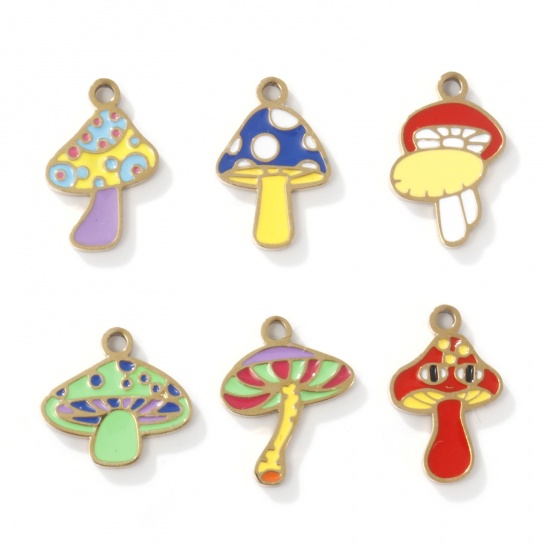 Picture of 2 PCs Eco-friendly PVD Vacuum Plating 304 Stainless Steel Charms 18K Gold Plated Mushroom Enamel