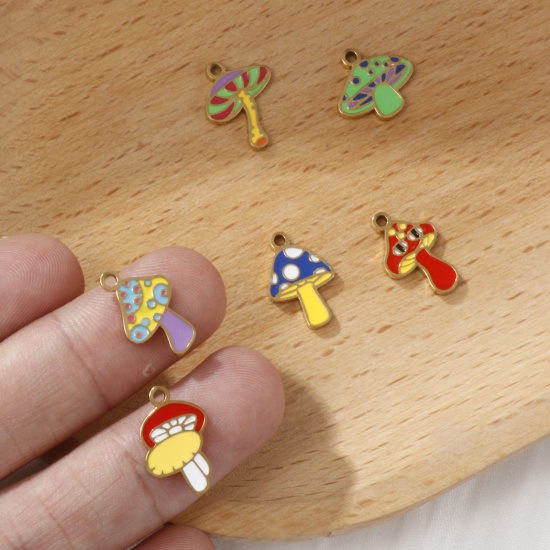Picture of 2 PCs Eco-friendly PVD Vacuum Plating 304 Stainless Steel Charms 18K Gold Plated Mushroom Enamel