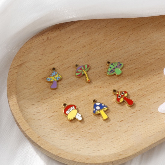 Picture of 2 PCs Eco-friendly PVD Vacuum Plating 304 Stainless Steel Charms 18K Gold Plated Mushroom Enamel
