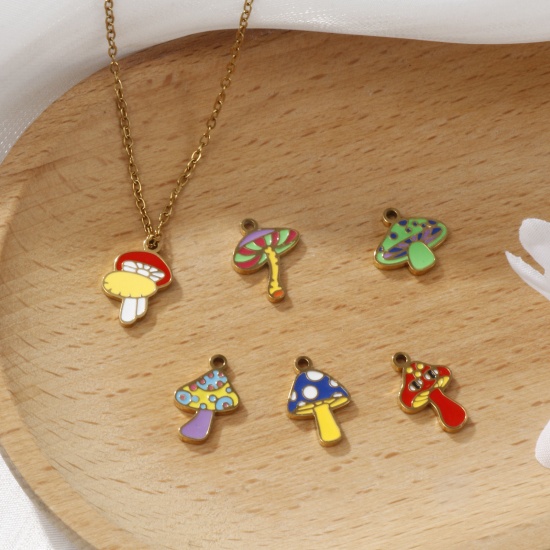 Picture of 2 PCs Eco-friendly PVD Vacuum Plating 304 Stainless Steel Charms 18K Gold Plated Mushroom Enamel