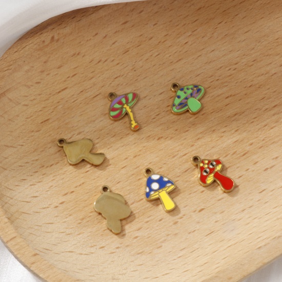 Picture of 2 PCs Eco-friendly PVD Vacuum Plating 304 Stainless Steel Charms 18K Gold Plated Mushroom Enamel