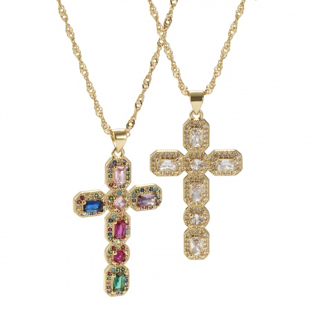 Eco-friendly Retro Religious 18K Real Gold Plated Brass Wave Twisted Chain Cross Micro Pave Pendant Charm Necklace Unisex 45cm(17.7") + 5cm(2") long