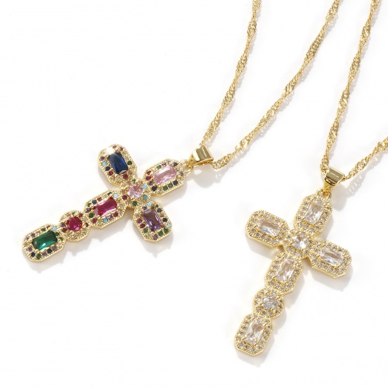 Picture of Eco-friendly Retro Religious 18K Real Gold Plated Brass Wave Twisted Chain Cross Micro Pave Pendant Charm Necklace Unisex 45cm(17.7") + 5cm(2") long