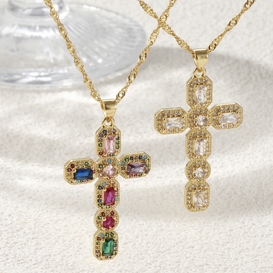 Picture of Eco-friendly Retro Religious 18K Real Gold Plated Brass Wave Twisted Chain Cross Micro Pave Pendant Charm Necklace Unisex 45cm(17.7") + 5cm(2") long