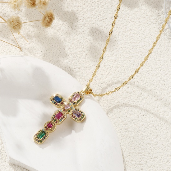 Picture of Eco-friendly Retro Religious 18K Real Gold Plated Brass Wave Twisted Chain Cross Micro Pave Pendant Charm Necklace Unisex 45cm(17.7") + 5cm(2") long