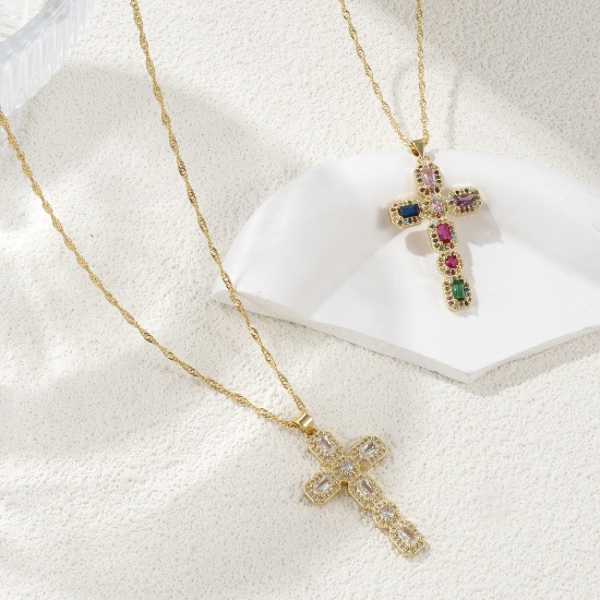 Picture of Eco-friendly Retro Religious 18K Real Gold Plated Brass Wave Twisted Chain Cross Micro Pave Pendant Charm Necklace Unisex 45cm(17.7") + 5cm(2") long
