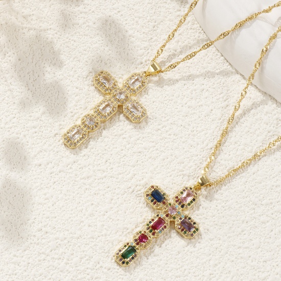 Picture of Eco-friendly Retro Religious 18K Real Gold Plated Brass Wave Twisted Chain Cross Micro Pave Pendant Charm Necklace Unisex 45cm(17.7") + 5cm(2") long