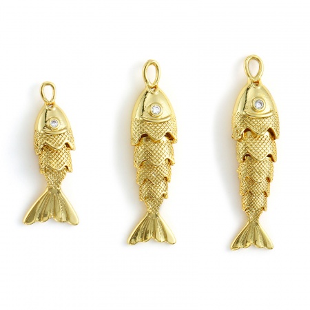 1 Pièce Breloques Bijoux d'Océan Respectueux de la Nature en Laiton Plaqué Or Véritable 18K Poisson Mobile à Zircone Cubique Clair
