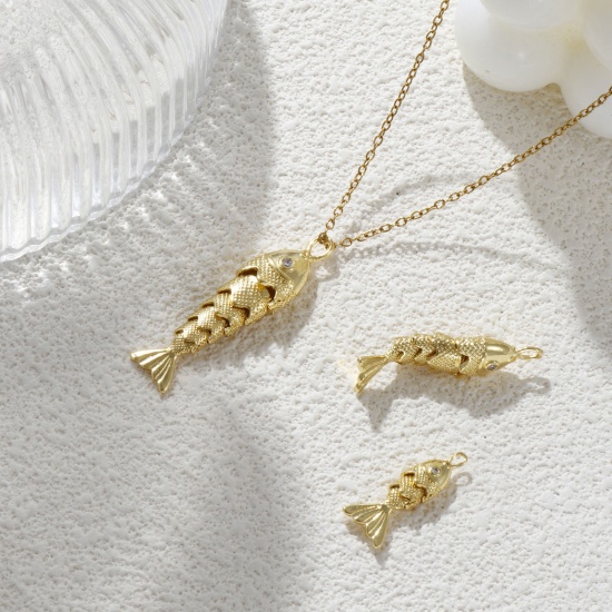 Bild von Umweltfreundlich Messing Ozean Schmuck Charms 18K Echtgold plattiert Fisch Beweglich Klar Kubischer Zirkon