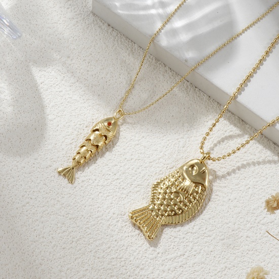 Bild von Umweltfreundlich Böhmen Ozean Schmuck 18K Echtgold plattiert Messing Kugelkette Fisch Anhänger Halskette Unisex Geschenk 45cm + 5cm lang