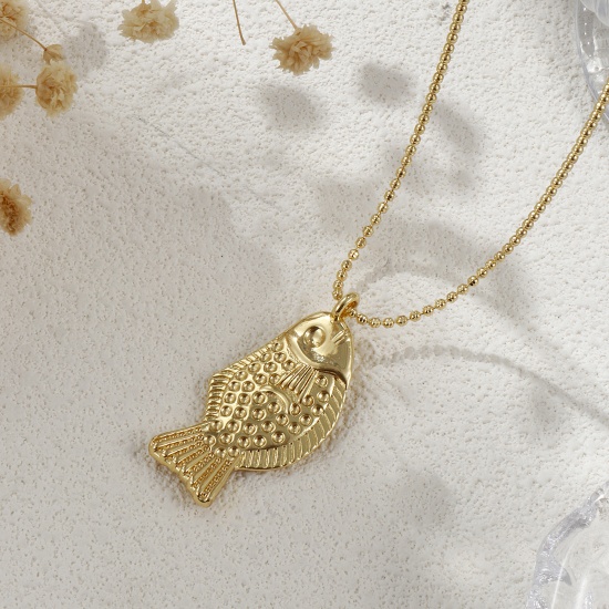 Bild von Umweltfreundlich Böhmen Ozean Schmuck 18K Echtgold plattiert Messing Kugelkette Fisch Anhänger Halskette Unisex Geschenk 45cm + 5cm lang