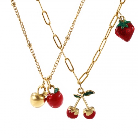 Eco-friendly PVD Vacuum Plating Natural Pastoral Cute 18K Real Gold Plated Red 304 Stainless Steel Fruit Enamel Pendant Charm Necklace For Women Gift
