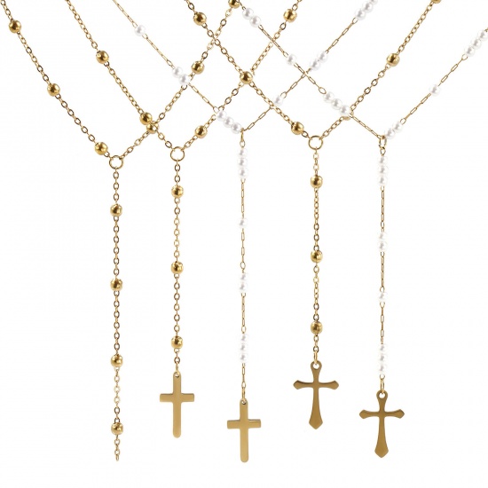 Picture of Eco-friendly PVD Vacuum Plating Exquisite Religious 18K Real Gold Plated 304 Stainless Steel Link Cable Chain Cross Prayer Beads Rosary Necklace Unisex Gift